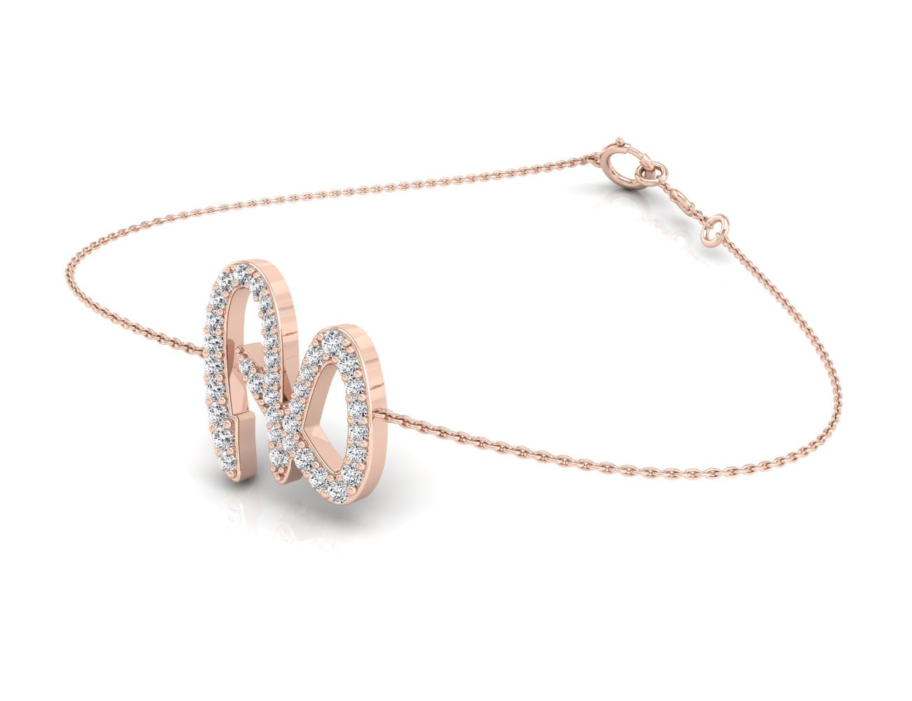 18K Rose Gold Alphabet Round Diamond Bracelet — 3D VIEW