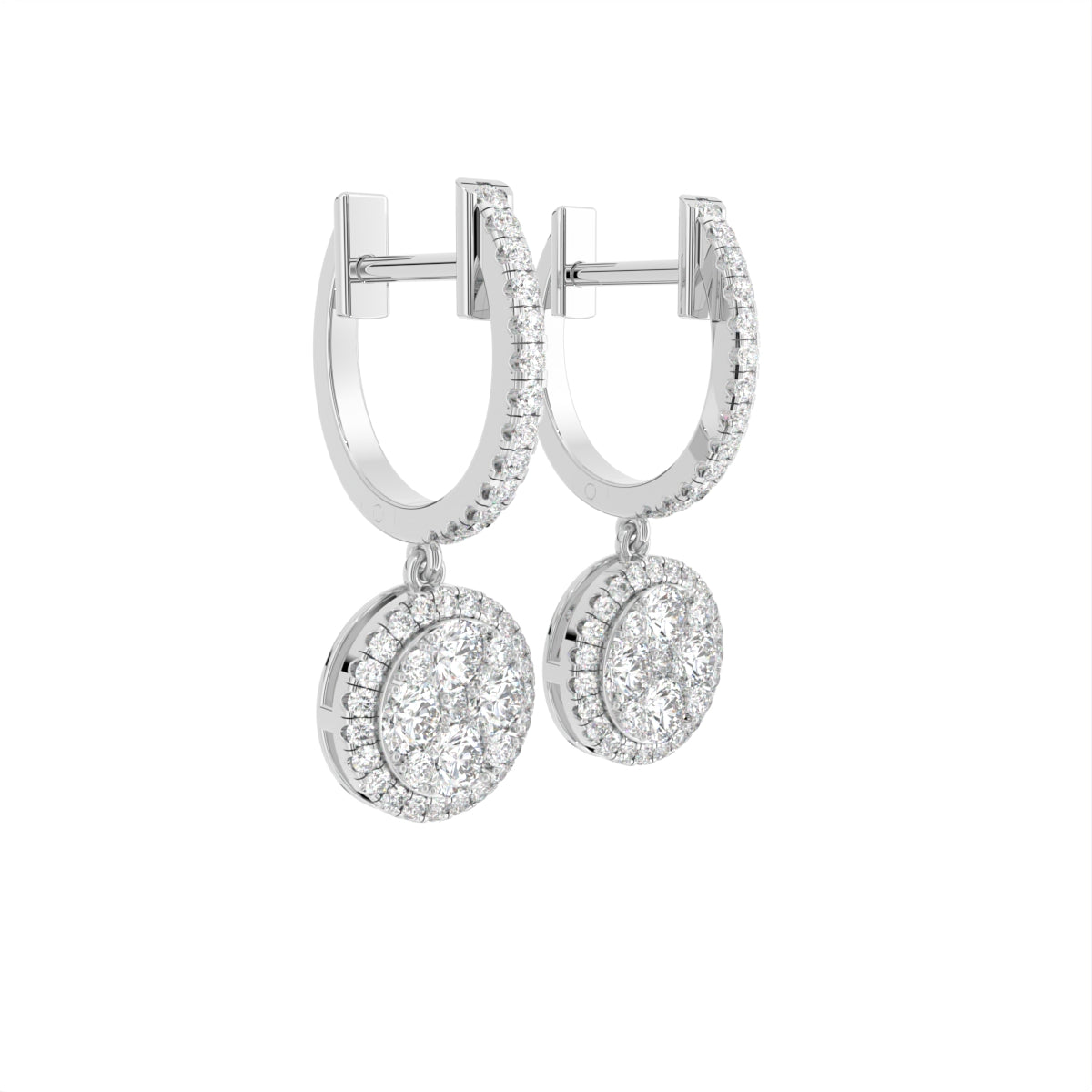 18K Halo Round Diamond Huggie Earrings — 3D VIEW
