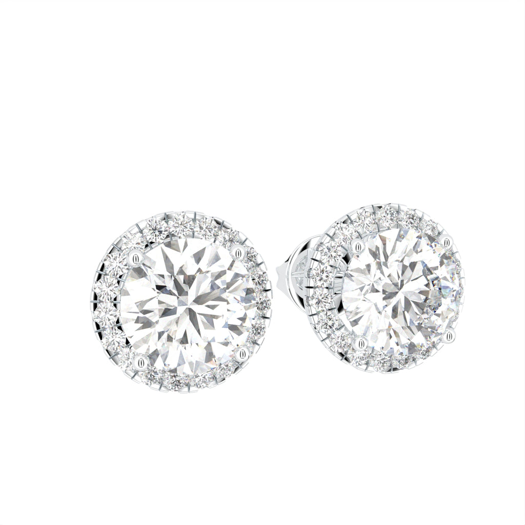 14K Yellow Gold Halo Round Diamond Stud Earrings — 3D VIEW