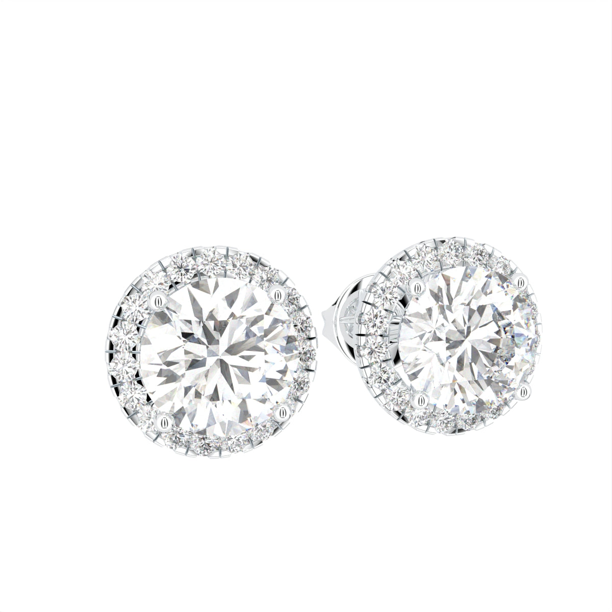 14K Yellow Gold Halo Round Diamond Stud Earrings — 3D VIEW