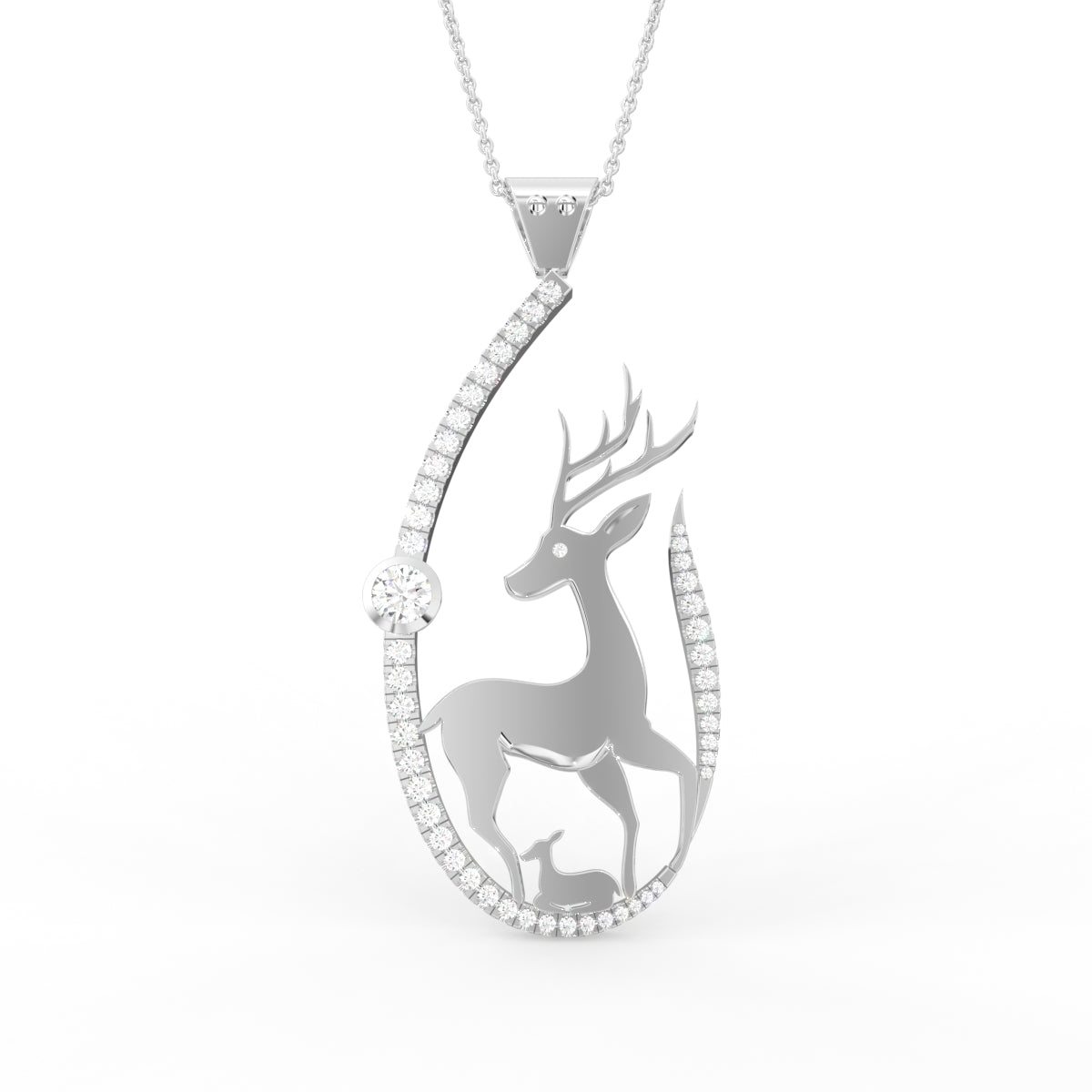 18K White Gold Deer Round Diamond Pendant — FRONT
