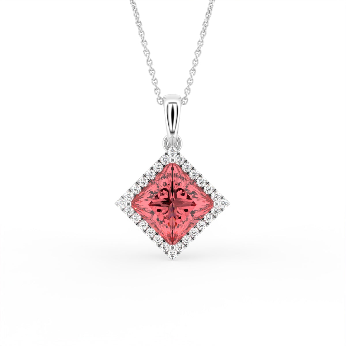 18K White Gold Halo Princess Pink Diamond Pendant — FRONT
