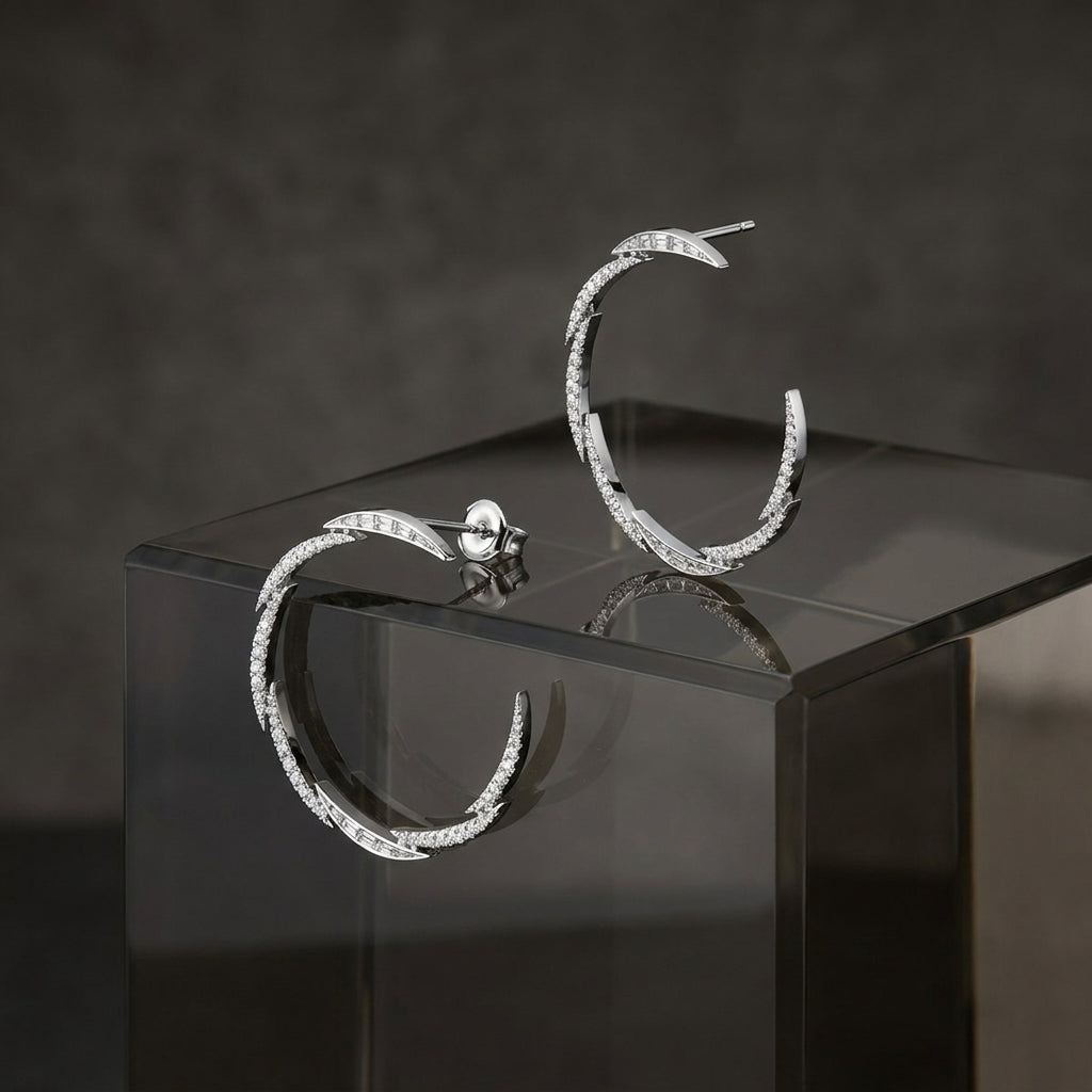 18K White Gold Round Diamond Moon Earrings