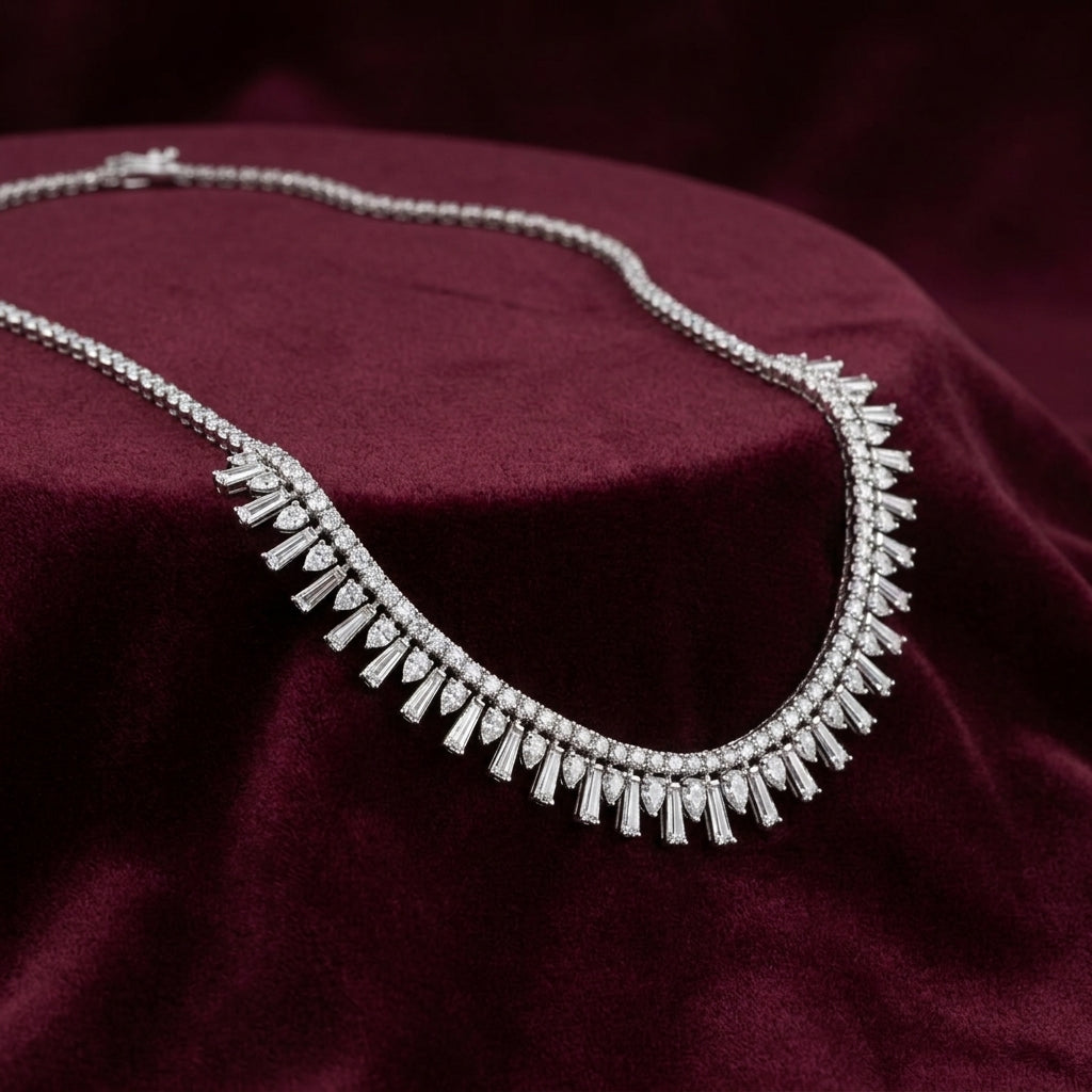 14K White Gold Fringe Diamond Choker Necklace