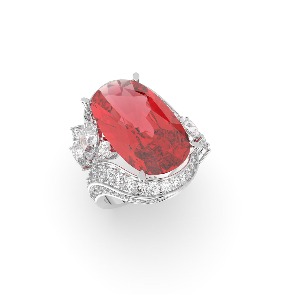 18K Red Oval and Diamond Cocktail Ring — 3D VIEW