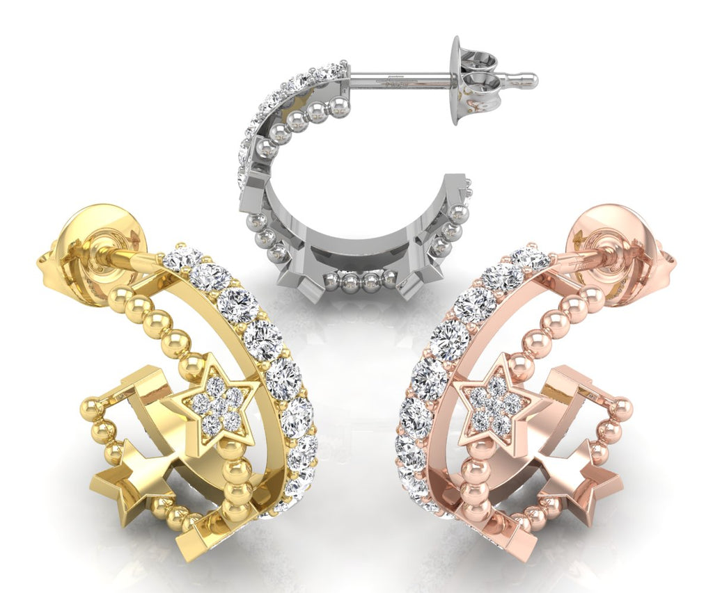 18K Crescent Moon and Stars Diamond Earrings — 3 COLOR