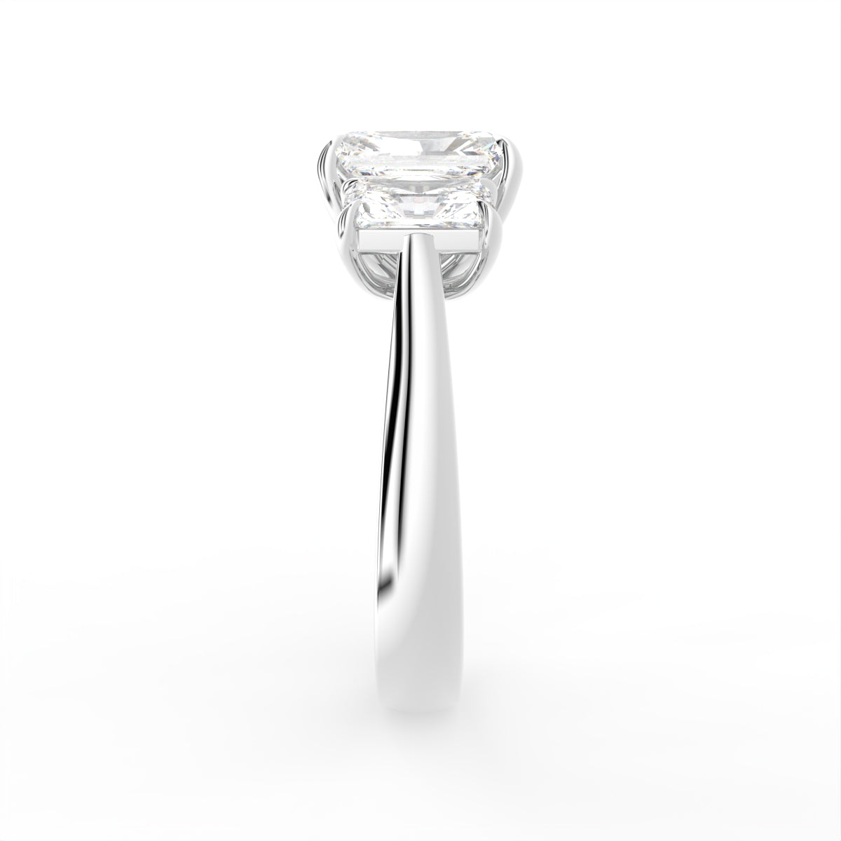 18K White Gold Trilogy Emerald Diamond Ring — SIDE