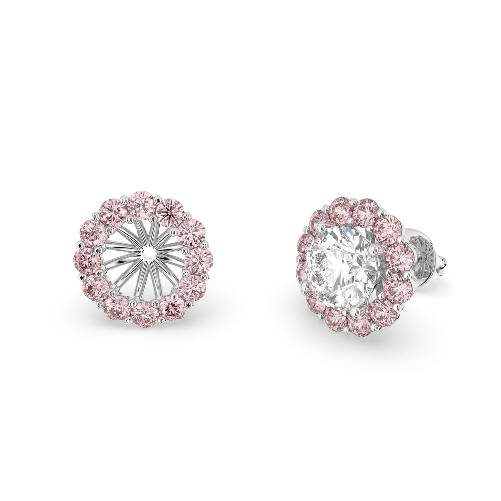18K Pink Halo Round Diamond Earrings — 3D VIEW