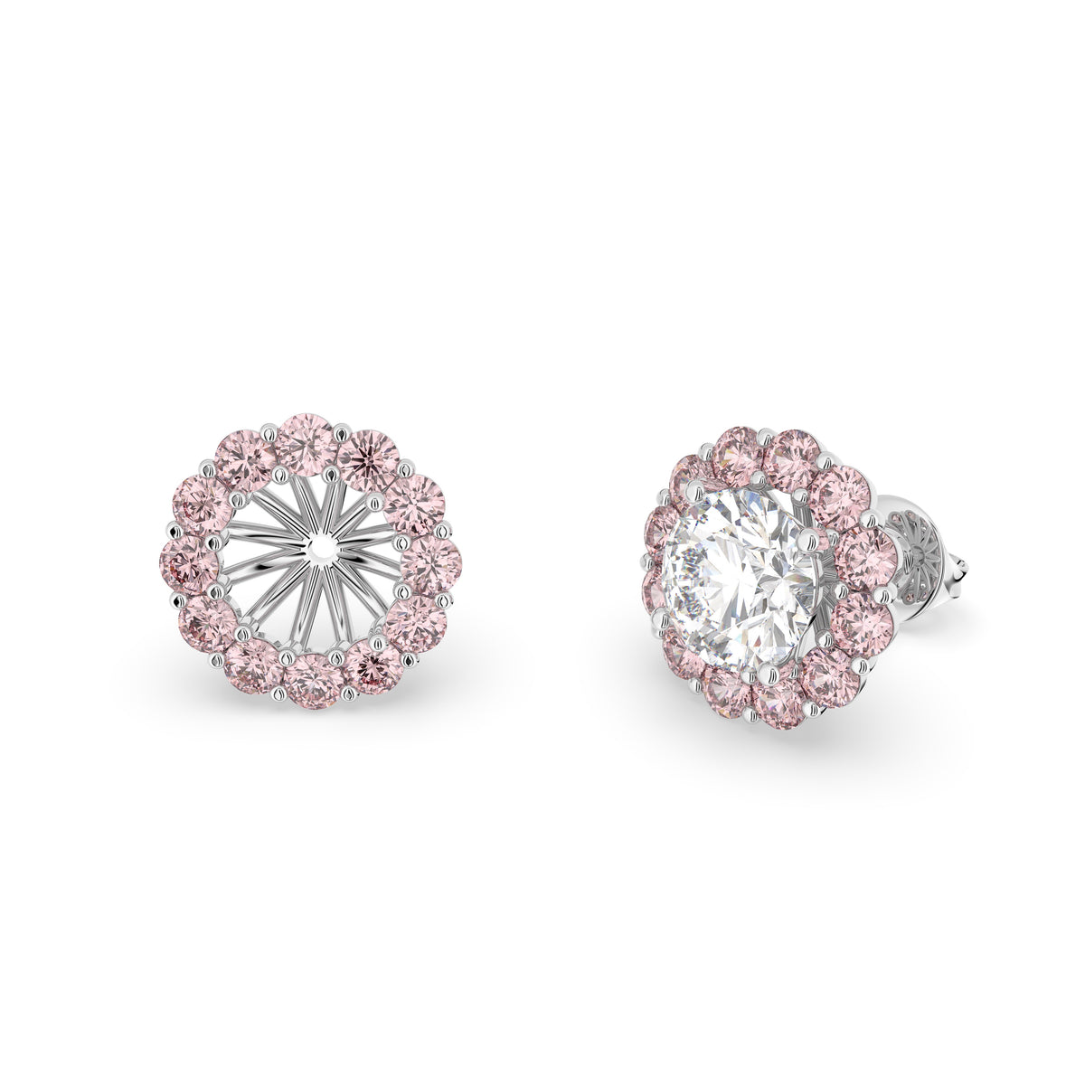 18K Pink Halo Round Diamond Earrings — 3D VIEW