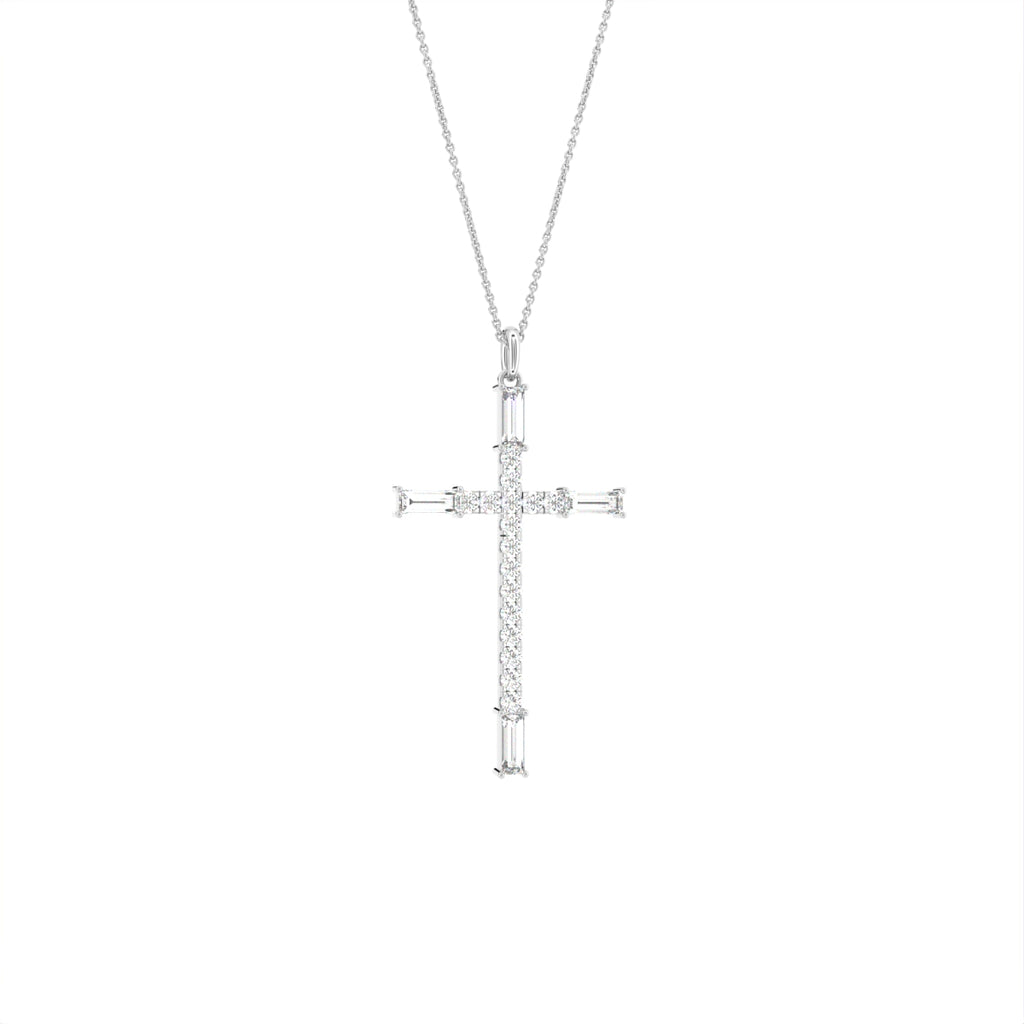 vimg:FJ3351|vimg:FJ3347|14K White Gold Cross Baguette Diamond Pendant — 3D VIEW