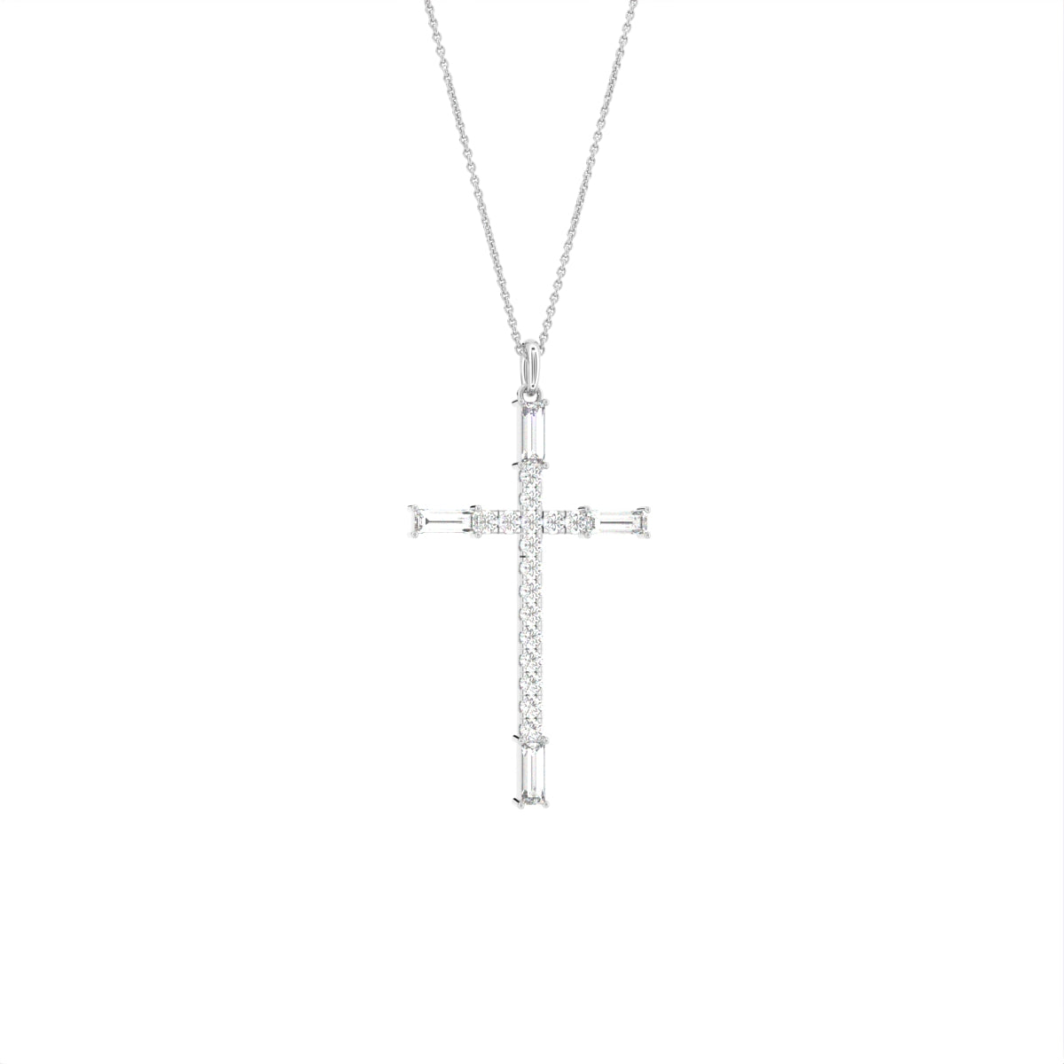 vimg:FJ3351|vimg:FJ3347|14K White Gold Cross Baguette Diamond Pendant — 3D VIEW