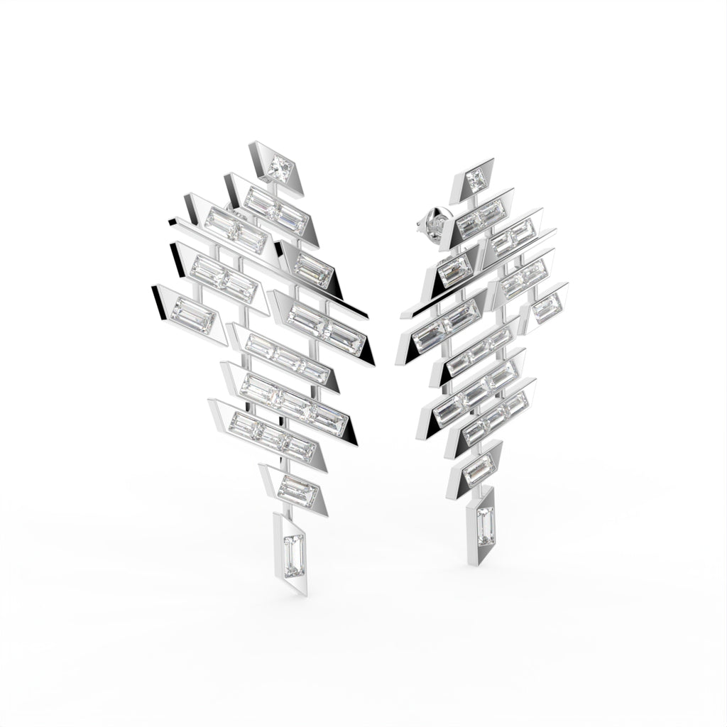 18K Geometric Drop Bespoke Diamond Earrings — 3D VIEW