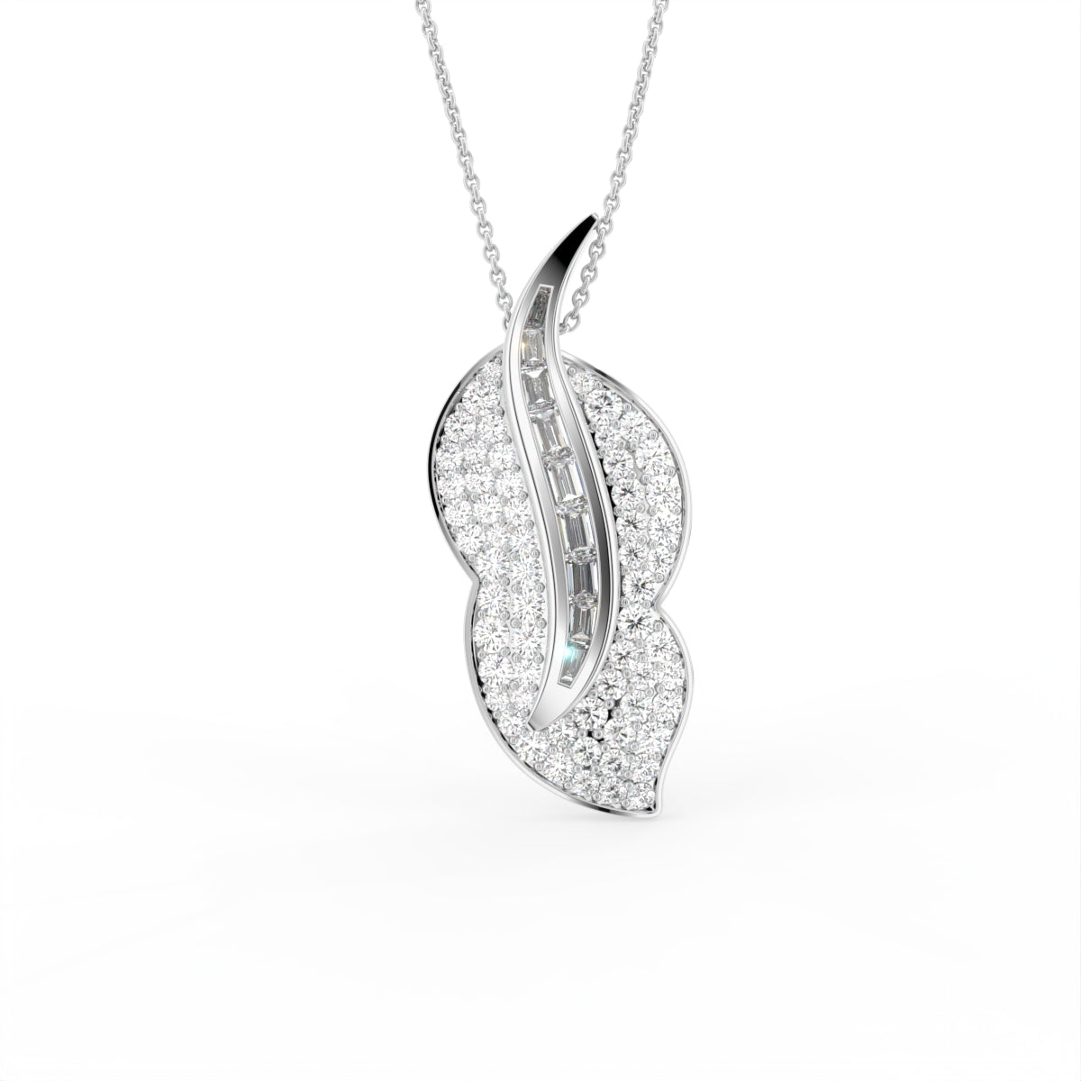 14K White Gold Floral Baguette Diamond Pendant — FRONT