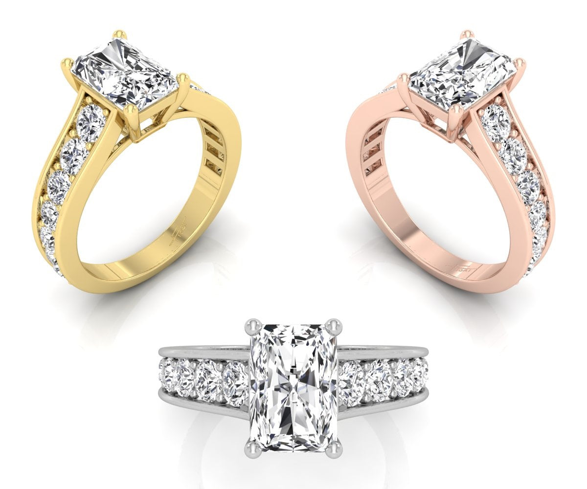 18K White Gold Solitaire Emerald Diamond Engagement Ring — 3 COLOR