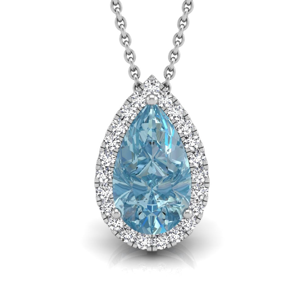 18K White Gold Halo Pear Diamond Pendant — FRONT
