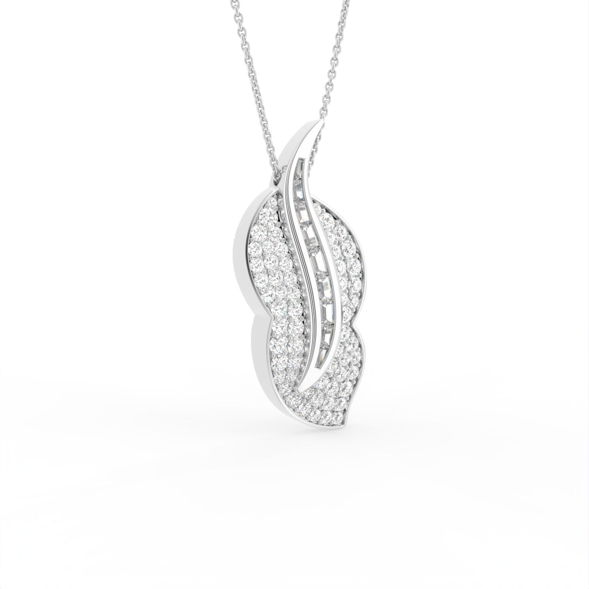 14K White Gold Floral Baguette Diamond Pendant — 3D VIEW
