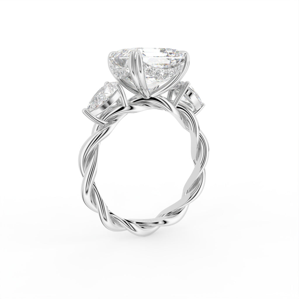 18K White Gold Trilogy Cushion Diamond Engagement Ring — 3D VIEW