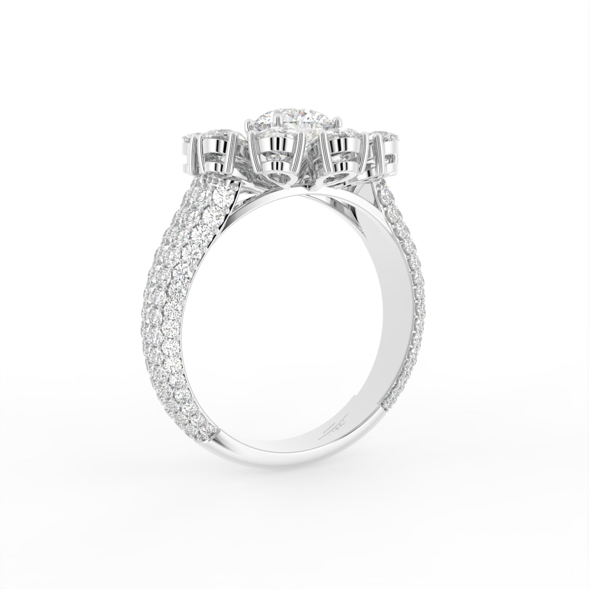 18K Floral Halo Diamond Ring — 3D VIEW