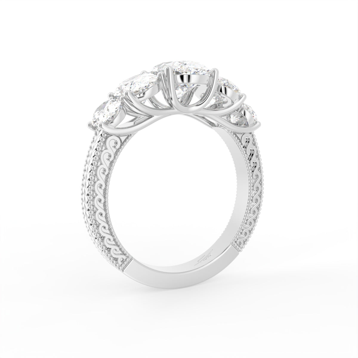 18K White Gold Shoulder Set Oval Diamond Ring — 3D VIEW