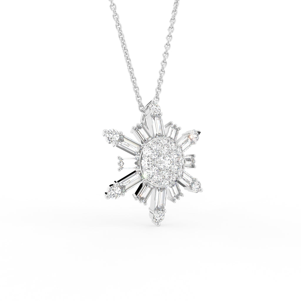 vimg:FJ3341|vimg:FJ3342|14K White Gold Snowflake Round Diamond Pendant — 3D VIEW