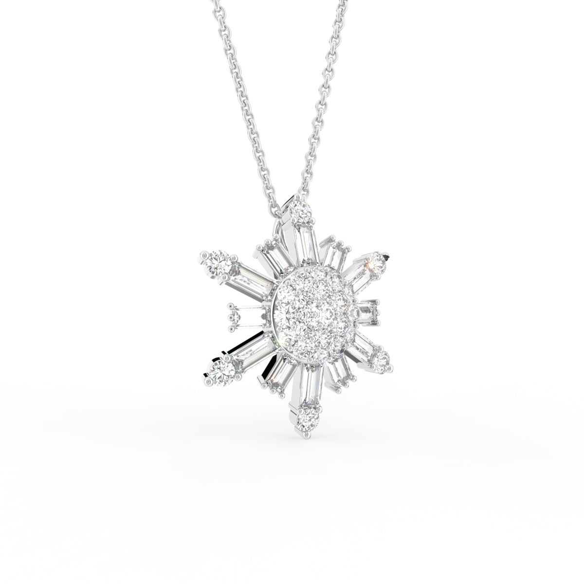 vimg:FJ3341|vimg:FJ3342|14K White Gold Snowflake Round Diamond Pendant — 3D VIEW