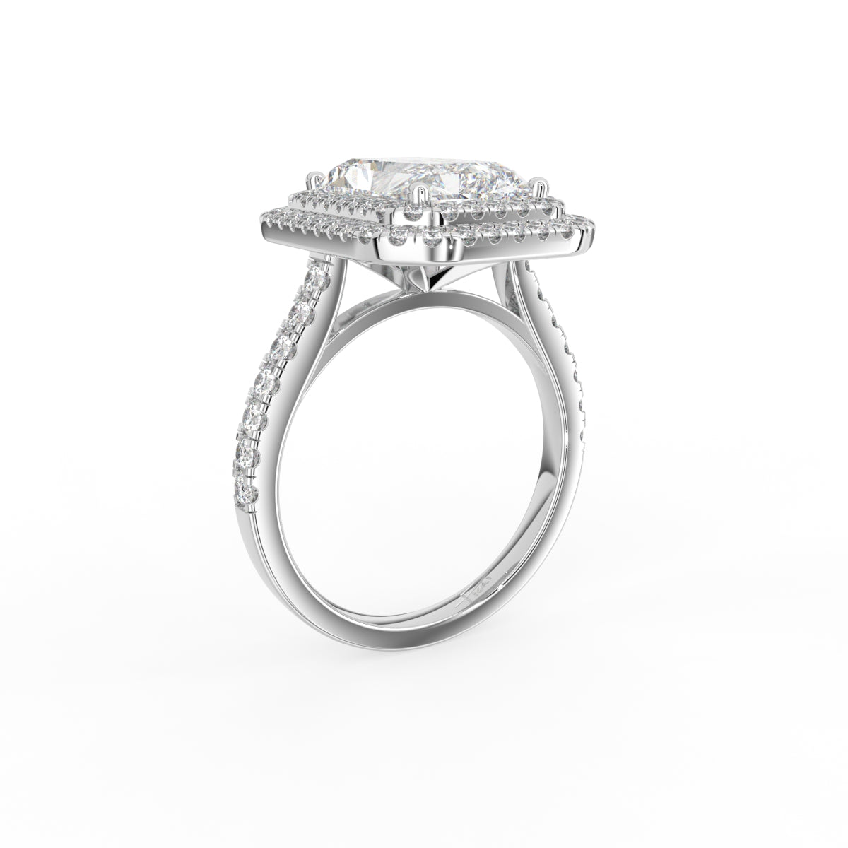 18K White Gold Halo Radiant Diamond Engagement Ring — 3D VIEW