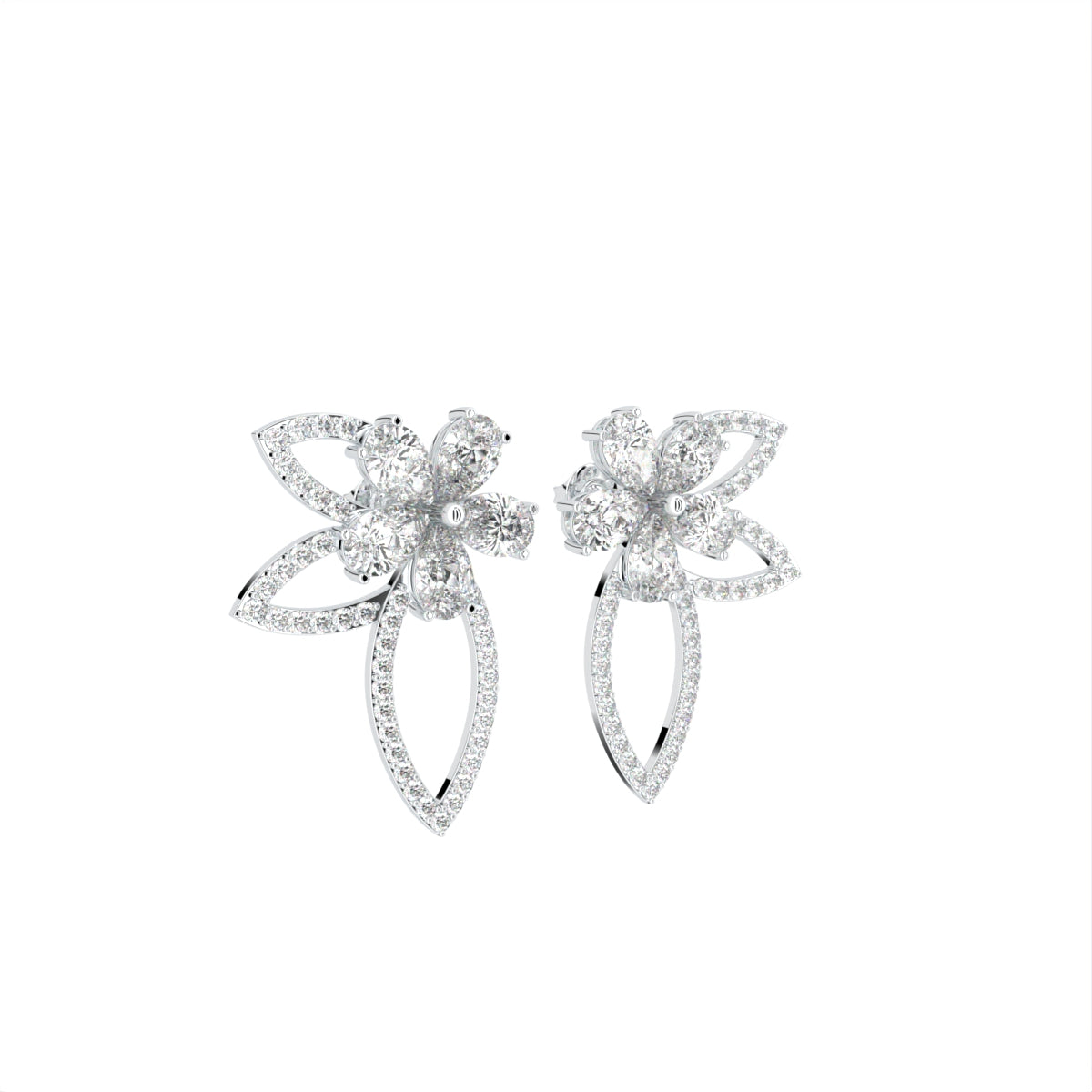 18K Floral Round Diamond Earrings — 3D VIEW