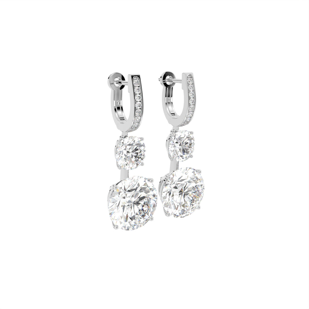 18K White Gold Three Stone Diamond Drop Earrings — 3D VIEW