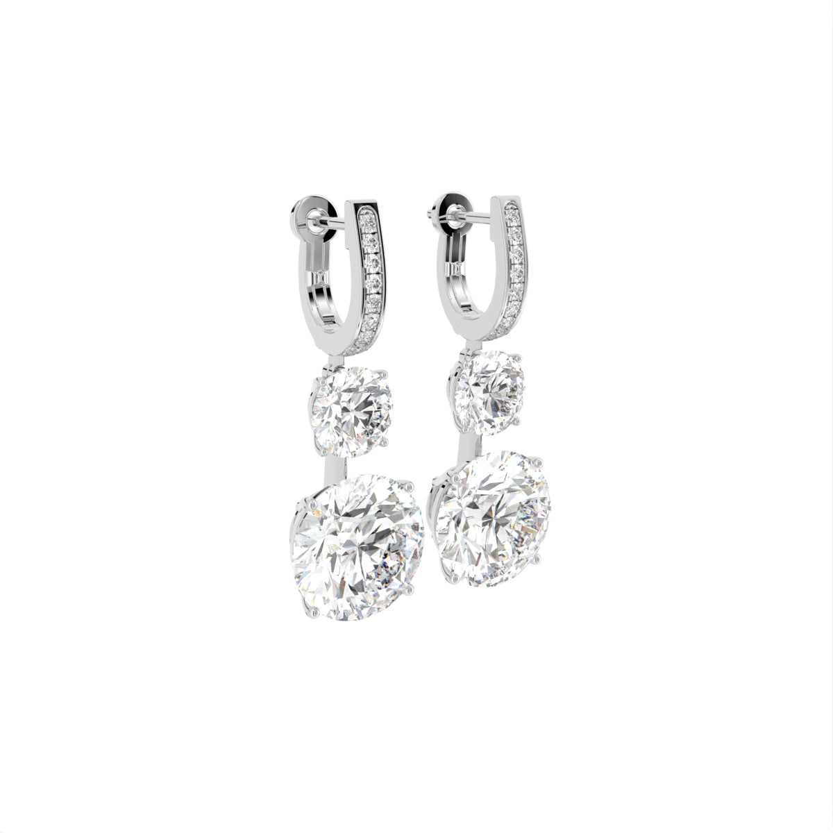 18K White Gold Three Stone Diamond Drop Earrings — 3D VIEW