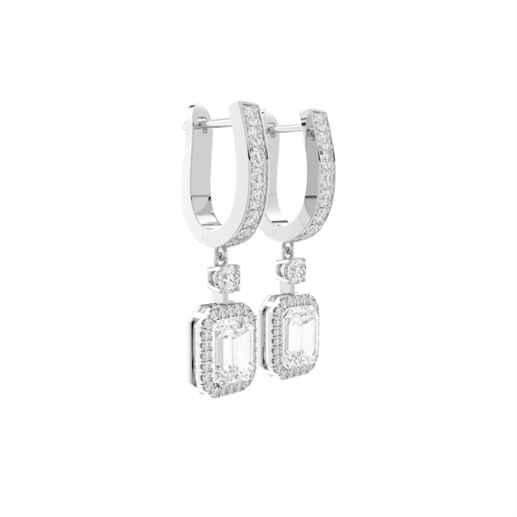 18K Halo Round Diamond Drop Earrings — 3D VIEW