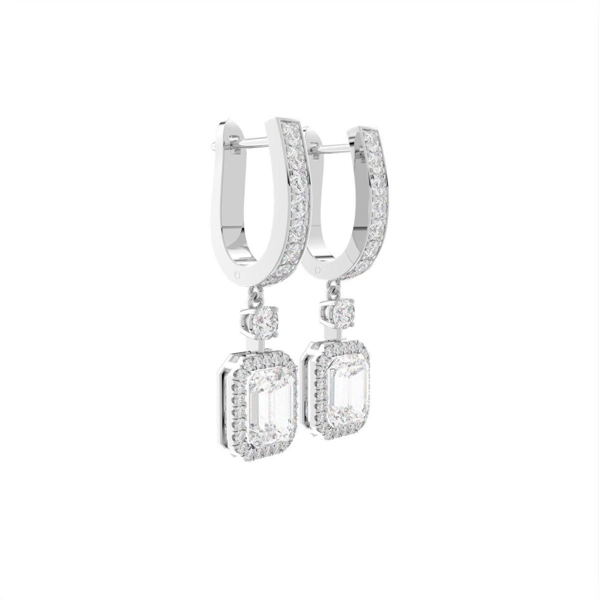 18K Halo Round Diamond Drop Earrings — 3D VIEW