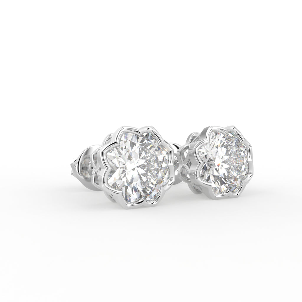 18K Floral Halo Diamond Earrings — 3D VIEW