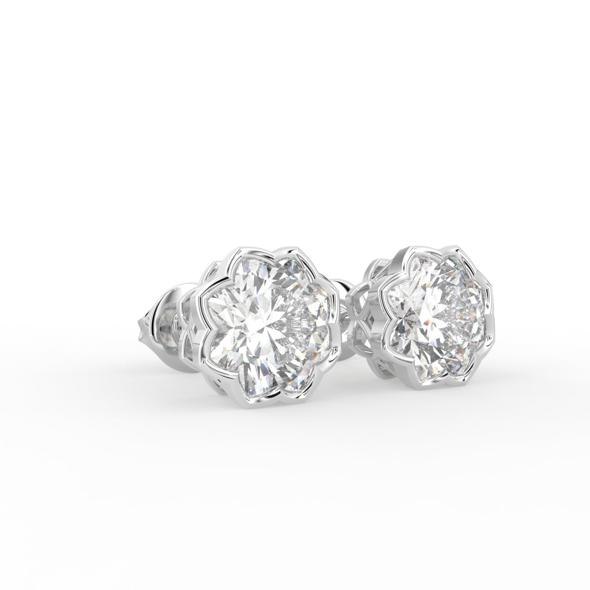 18K Floral Halo Diamond Earrings — 3D VIEW