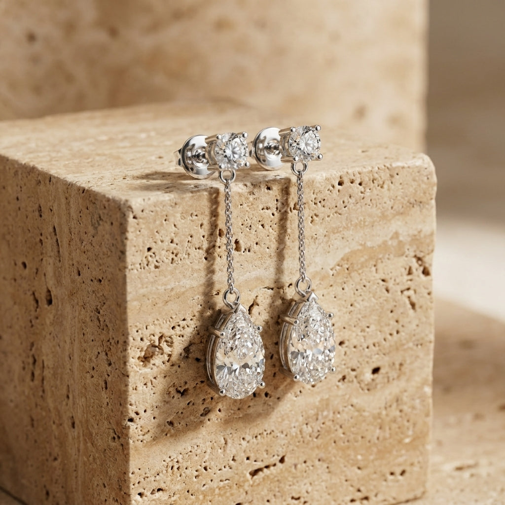18K Yellow Gold Pear Diamond Drop Earrings