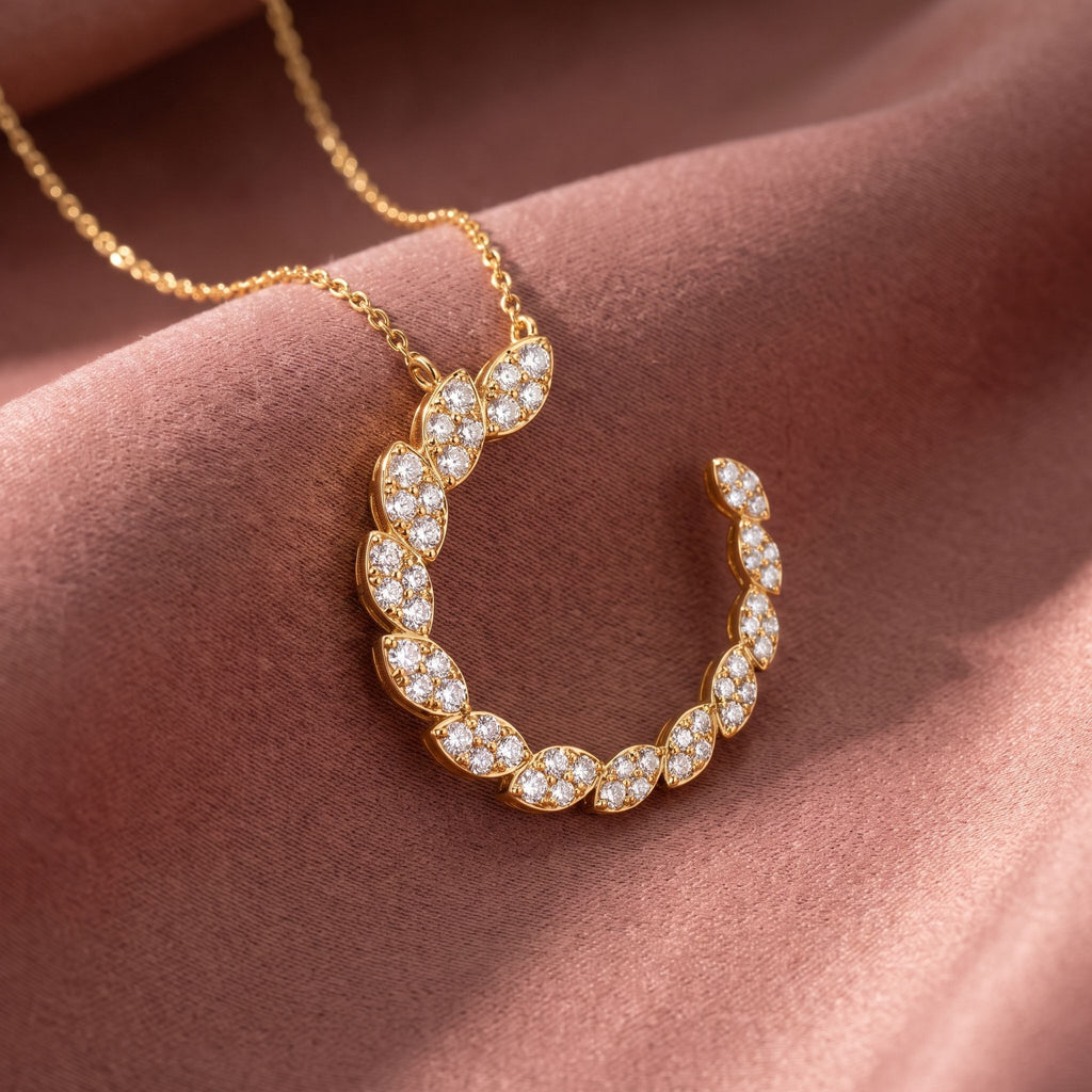 18K Crescent Round Diamond Pendant — AI cloth, in-house