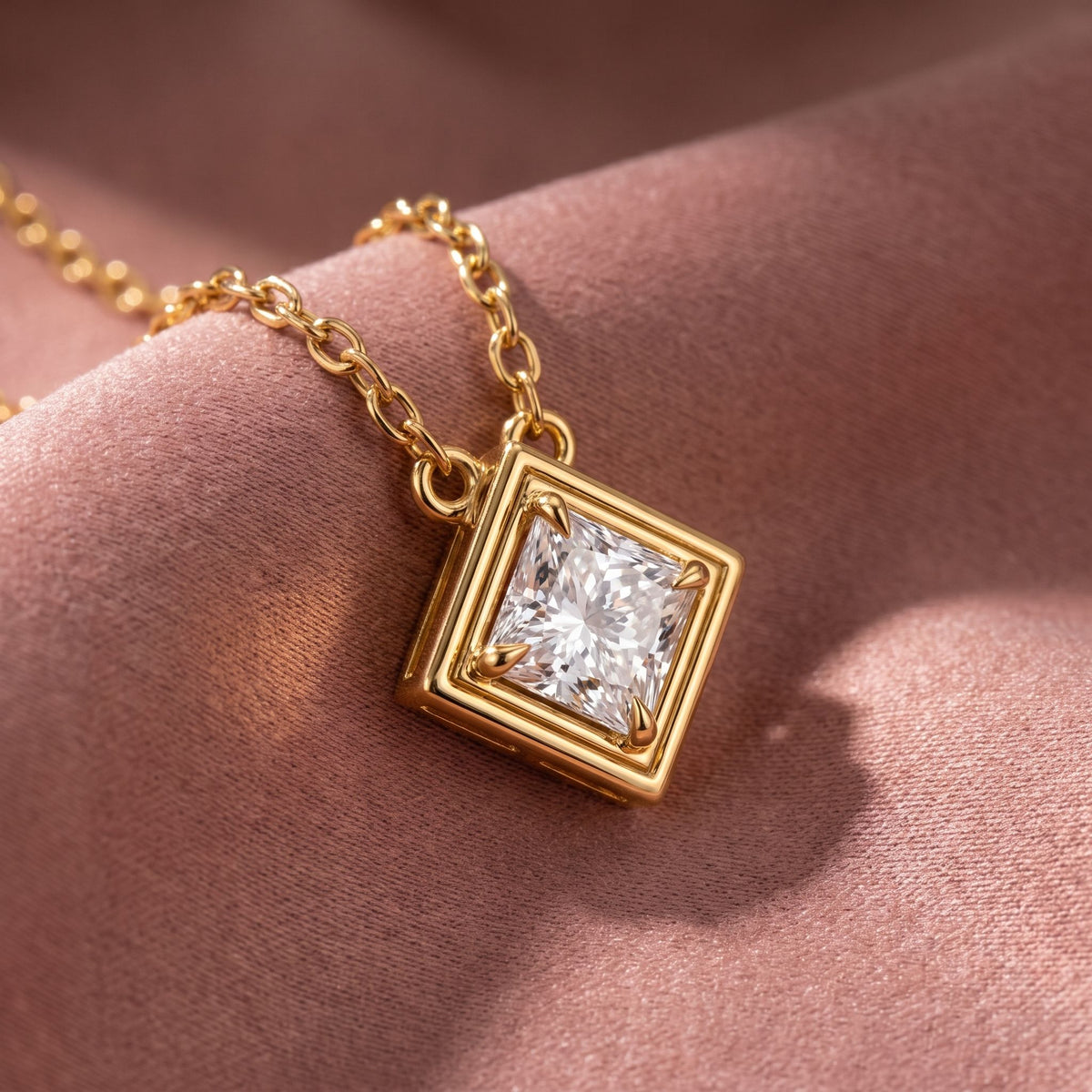 18K Solitaire Princess Diamond Pendant — AI cloth, in-house