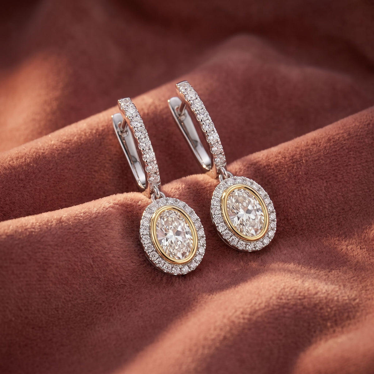 18K Halo Oval Diamond Drop Earrings — AI cloth, in-house
