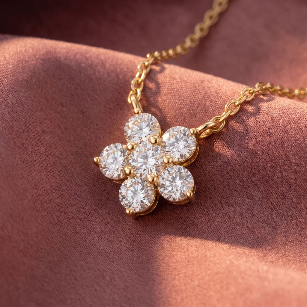 18K Floral Flower Round Diamond Pendant — AI cloth, in-house