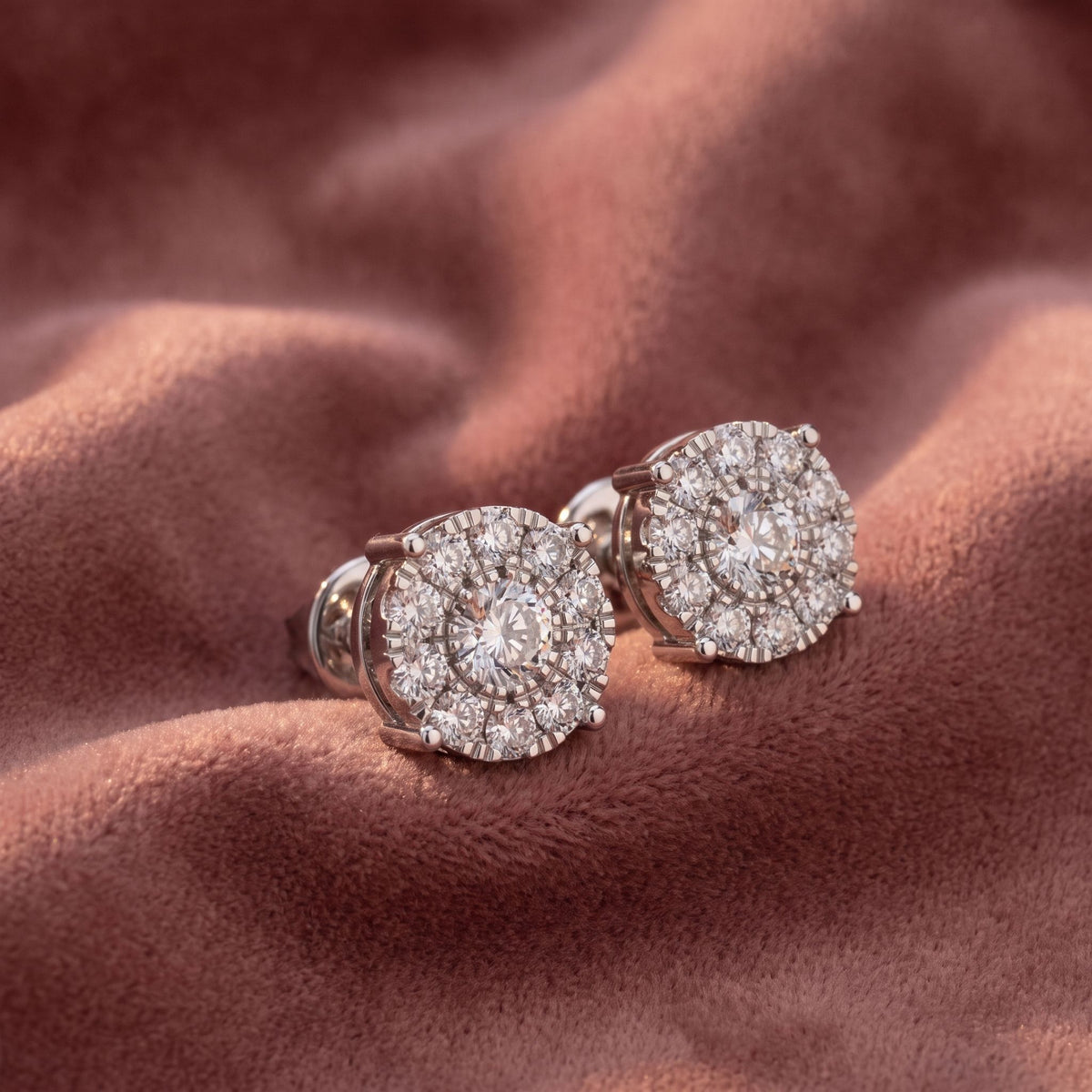 18K Round Floral Halo Diamond Earrings — AI cloth, in-house