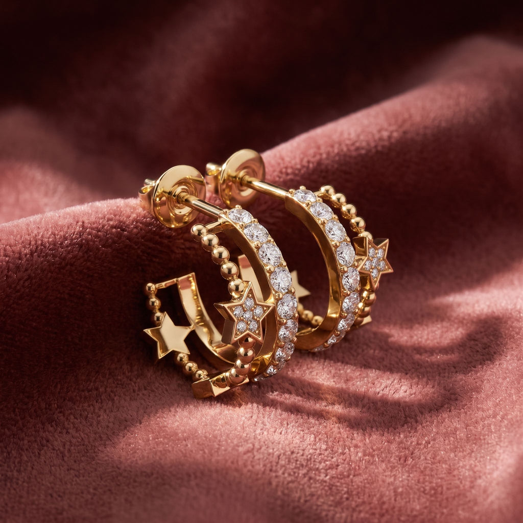 18K Crescent Moon and Stars Diamond Earrings — AI cloth, in-house