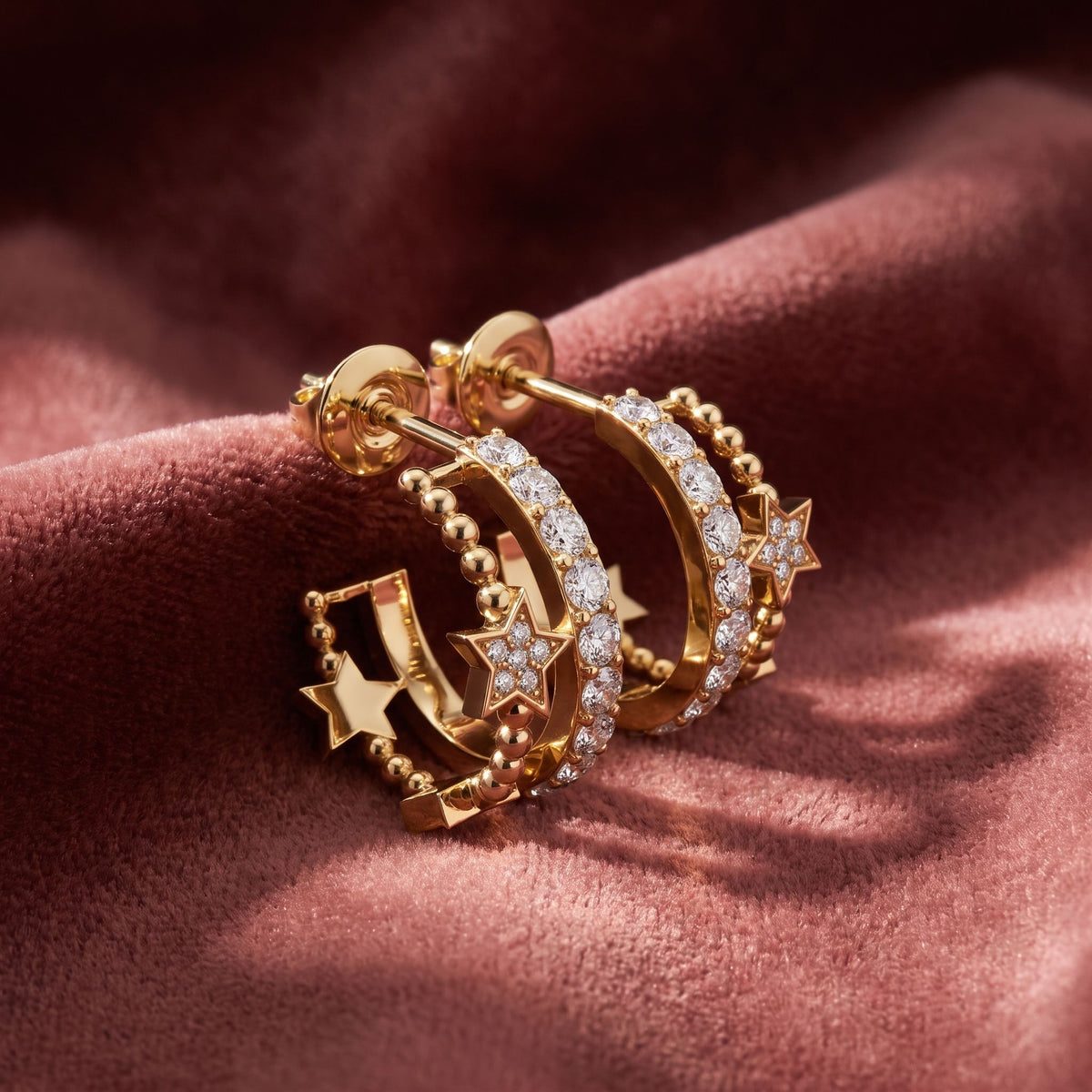 18K Crescent Moon and Stars Diamond Earrings — AI cloth, in-house
