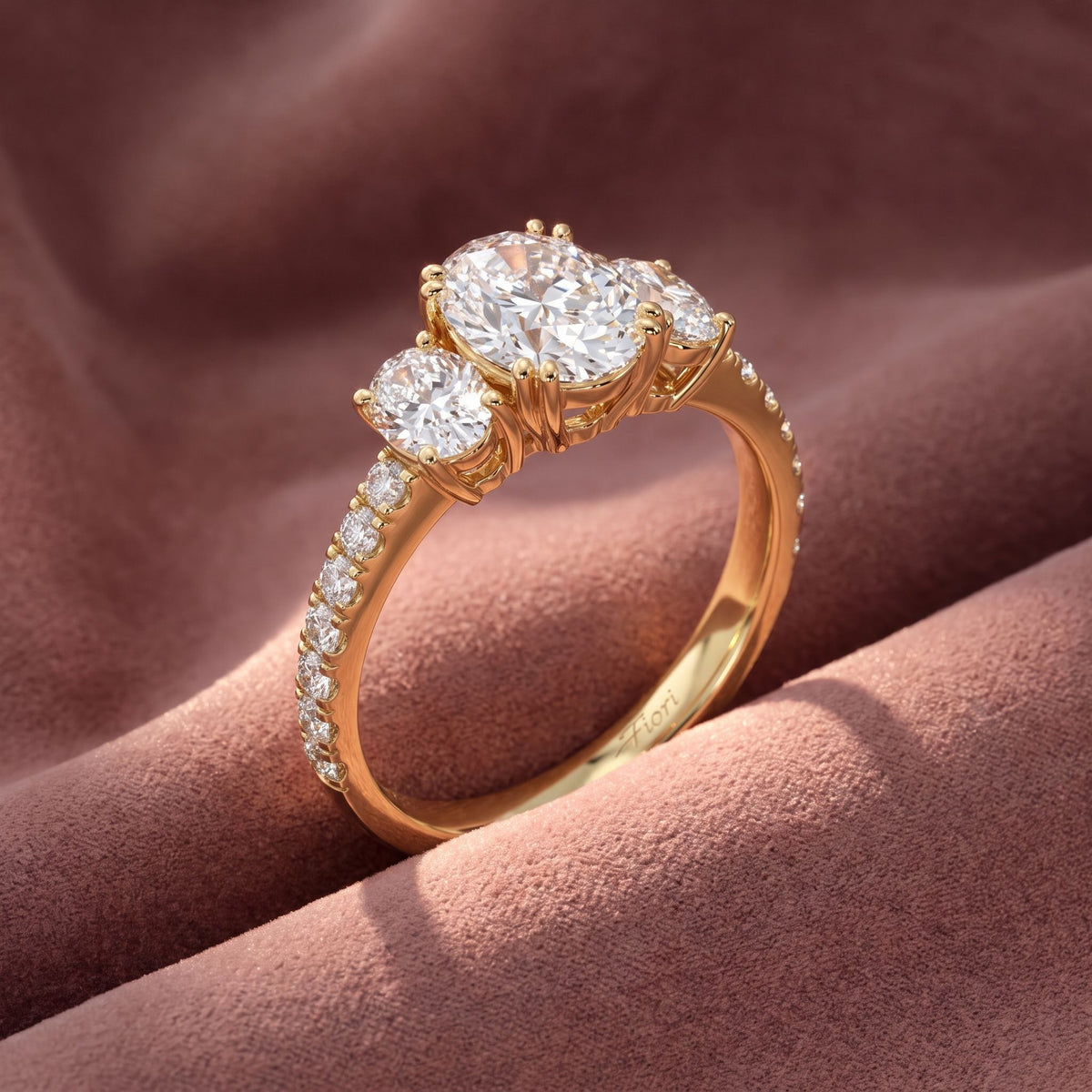 18K Trilogy Oval Diamond Engagement Ring — AI cloth, in-house