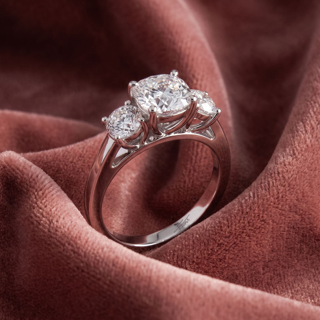 18K Trilogy Cushion Diamond Ring — AI cloth, in-house
