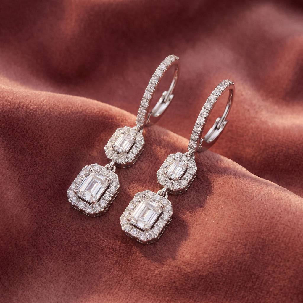 18K Emerald Cut Halo Diamond Drop Earrings — AI cloth, in-house