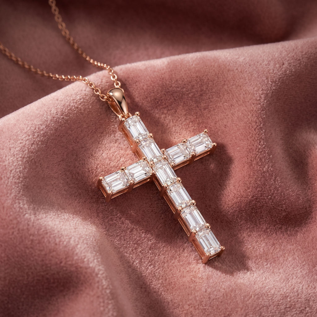 14K Cross Emerald Diamond Pendant — AI cloth, in-house