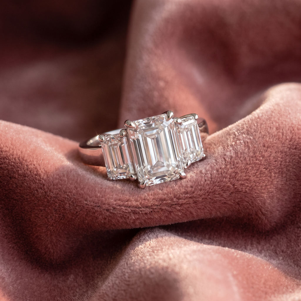 18K Trilogy Emerald Diamond Engagement Ring — AI cloth, in-house