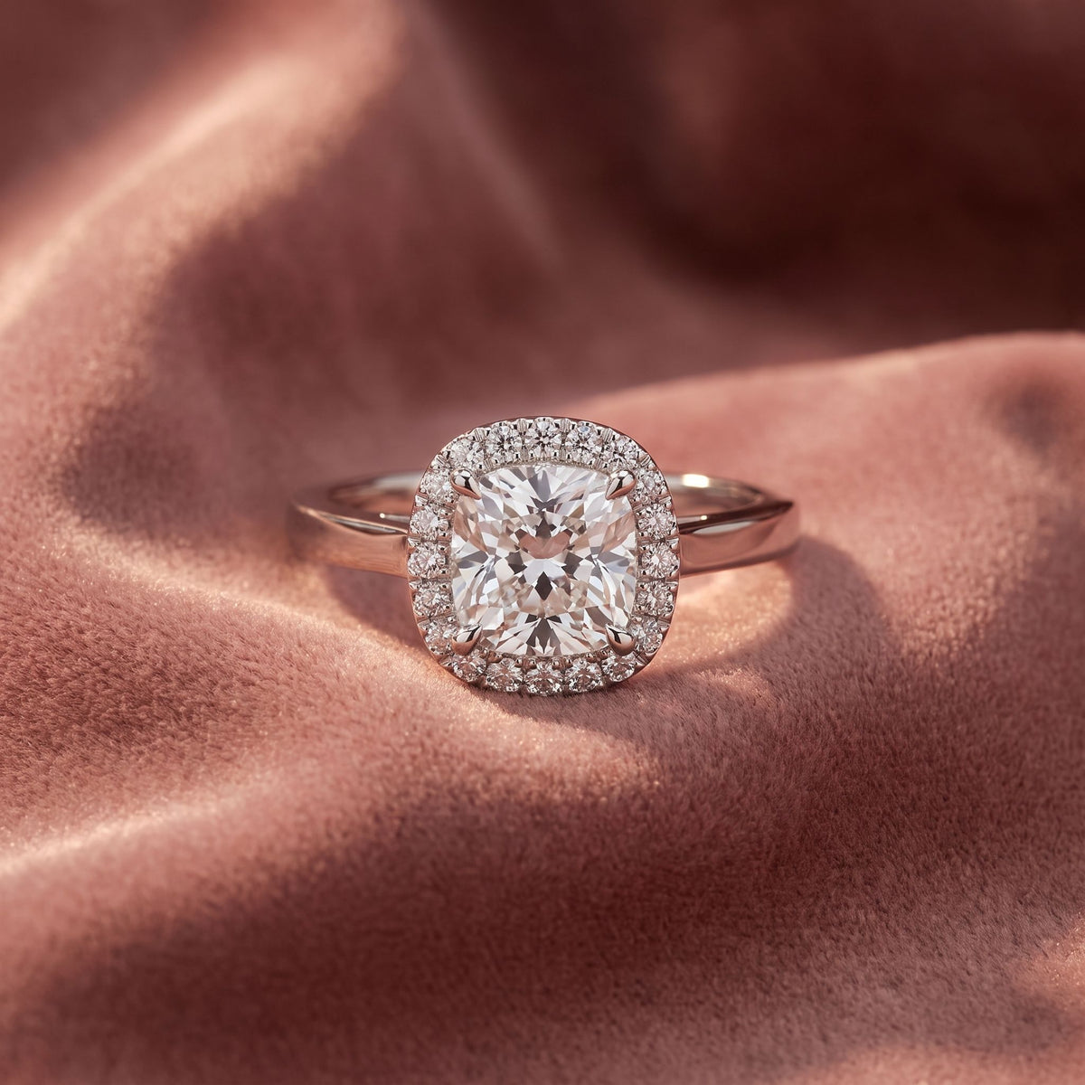 18K Halo Cushion Diamond Engagement Ring — AI cloth, in-house