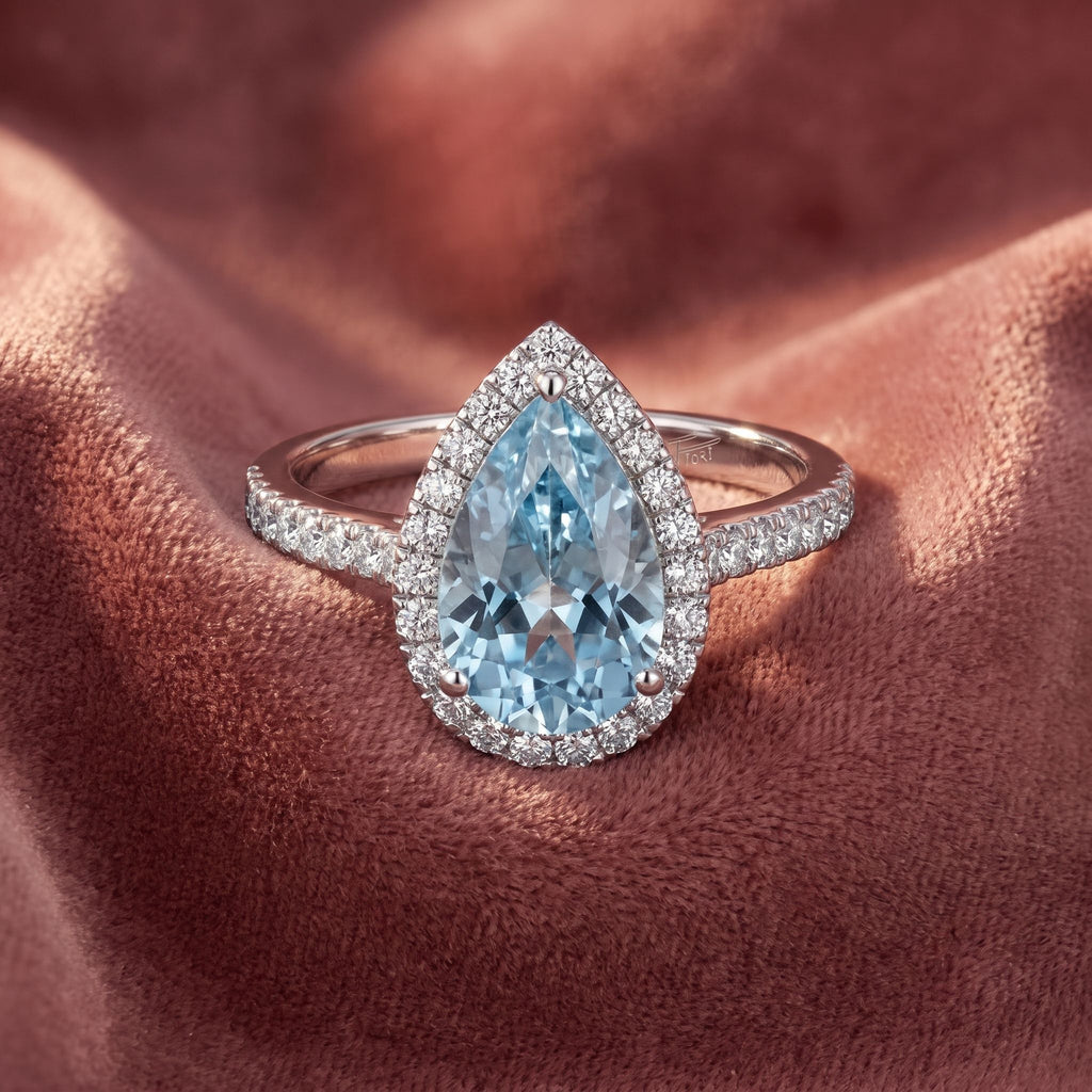 18K Halo Pear Diamond Ring — AI cloth, in-house