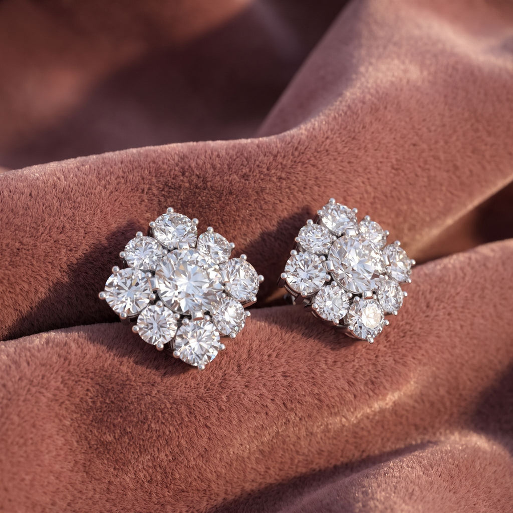 18K Round Halo Bespoke Diamond Earrings — AI cloth, in-house