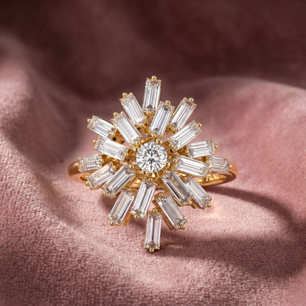 18K Floral Baguette Diamond Ring — AI cloth, in-house